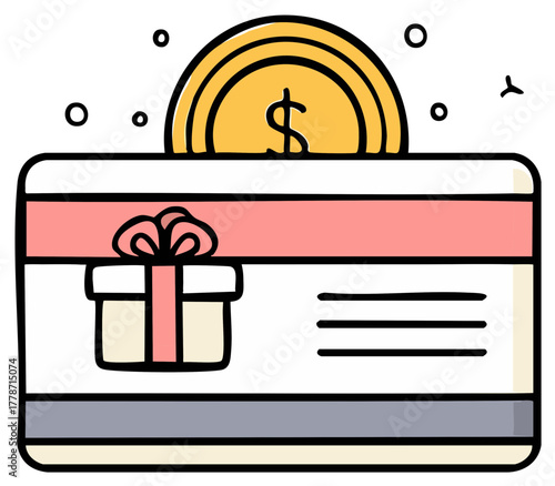 Hand drawn illustration of a loyalty reward gift card with a dollar coin representing cashback savings or bonus points