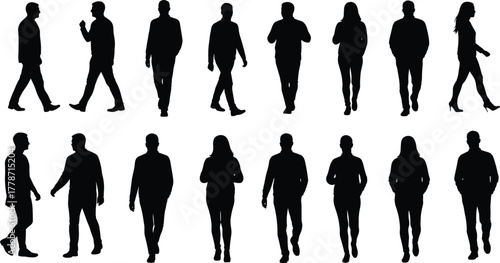 Human silhouettes walking and standing, posture study figures, casual people design, motion sequence artwork, lifestyle vector, anatomy reference illustration