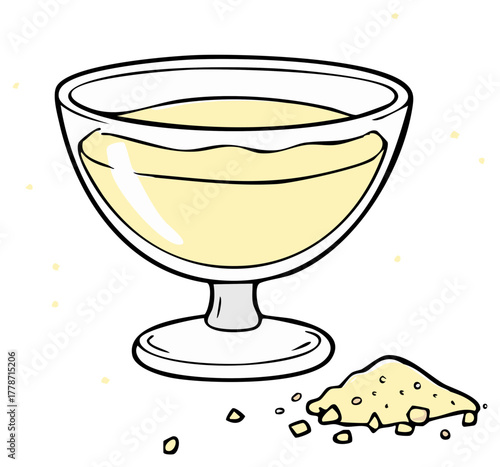 Cartoon style creamy dessert in a footed glass near a small mound of sugar or salt for illustration or product design.