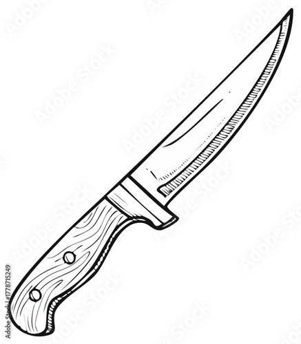 Hand drawn kitchen utility knife with wooden handle and sharp metal blade black and white illustration