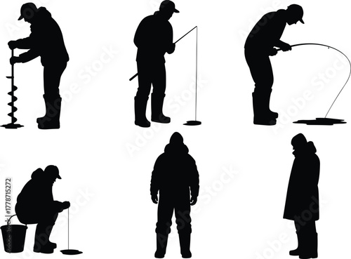 Ice, fishing, silhouette, winter, sport, outdoor, activity, recreation, angler, fisherman, cold, snow, lake, drill, auger, rod, bucket, coat, design, illustration, concept