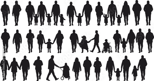 Inclusive family silhouettes with parents, children, elderly, and wheelchair users, community unity design, social connection artwork, diversity concept, lifestyle vector illustration