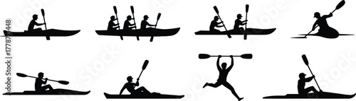 Kayak, canoe, silhouette, paddling, sport, outdoor, adventure, water, activity, recreation, competition, exercise, lifestyle, boating, river, lake, athlete, design, illustration, reference