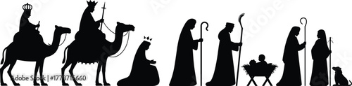 Nativity scene silhouette, Three Wise Men with camels, Mary Joseph and baby Jesus, shepherds with staff, manger artwork, Christian Christmas religious illustration