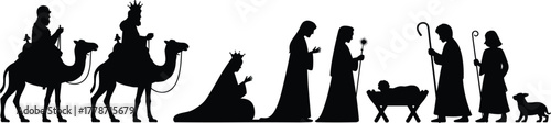 Nativity scene silhouette, Christmas religious illustration, Three Wise Men with camels, Mary Joseph and baby Jesus, shepherds manger artwork, holiday decoration