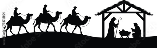 Nativity, silhouette, Christmas, holy, manger, baby, Jesus, Mary, Joseph, Magi, wise men, camels, Bethlehem, star, religious, festive, holiday, tradition, design, illustration, art, concept
