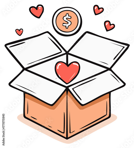 Open Donation Box With Hearts and Dollar Coin Symbolizing Charity or Financial Support and Showing Love and Philanthropy