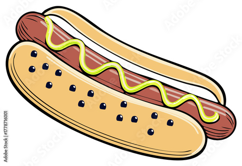 Stylized cartoon illustration of a classic American hot dog with yellow mustard on a seeded bun.