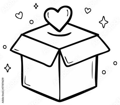 Doodle Style Open Box with Heart and Sparkles for Love Charity and Generosity Donation