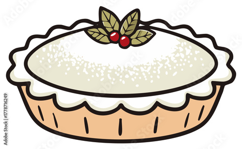 Whimsical sweet pie with creamy white topping, festive red berries, and decorative green leaves.