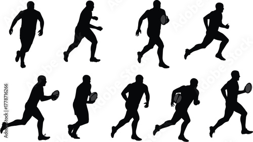 Running athlete silhouettes, frisbee player holding disc, sports action poses, dynamic motion sequence, fitness training, athletic movement, competitive game, outdoor activity