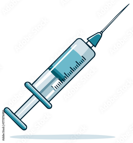 Medical syringe with blue liquid and needle isolated on white