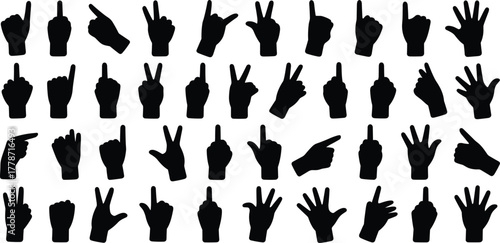 Silhouette, hand, gestures, signs, counting, fingers, numbers, communication, nonverbal, language, symbol, fist, open, palm, design, illustration, reference, education, learning, body