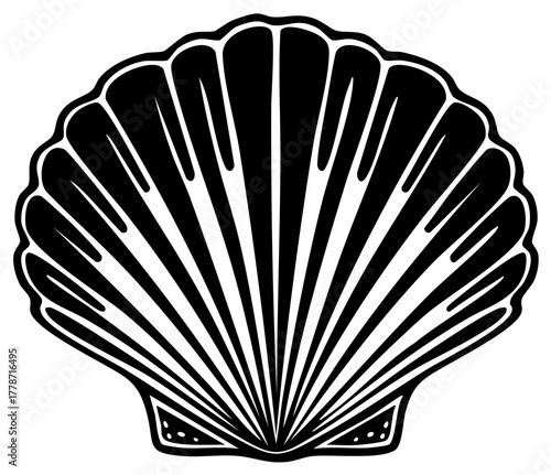 Stylized scallop seashell vector icon graphic black and white line art illustration