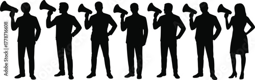 Silhouette, people, megaphone, communication, teamwork, leadership, advocacy, announcement, protest, influence, business, corporate, group, speaking, marketing, design, illustration, art, concept