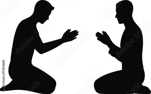 Silhouette, people, kneeling, prayer, meditation, respect, greeting, posture, spiritual, ritual, culture, religion, lifestyle, design, illustration, art, concept, devotion, harmony