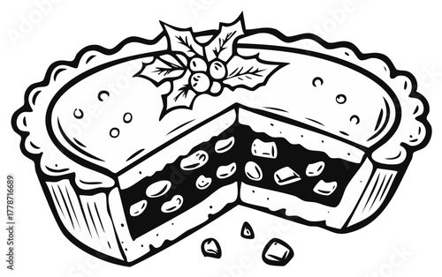 Festive holiday mince pie with holly decoration in a bold black and white graphic style
