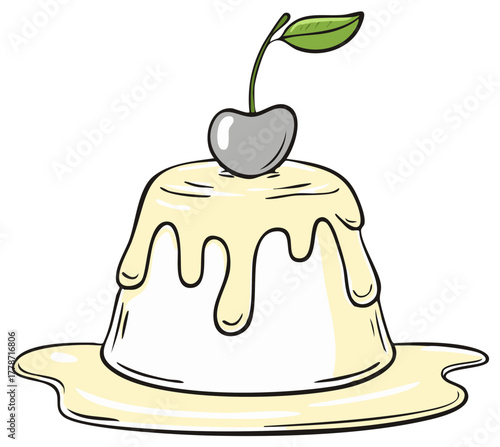 Pudding with Cherry Topping Drizzled in Sauce, Delicious Dessert Food, Sweet Treat Illustration