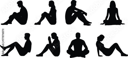 Silhouette, people, sitting, positions, cross-legged, meditation, yoga, posture, body, language, casual, relaxed, seated, figure, male, female, lifestyle, design, illustration, reference
