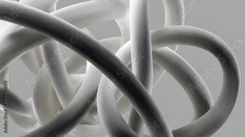 Fototapeta Naklejka Na Ścianę i Meble -  Abstract 3d render of tangled white and grey tubes with a textured surface, creating a complex and intricate knotlike structure against a neutral background