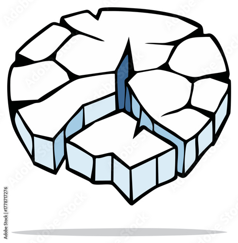 Cracked icy disc with blue water showing through fractures