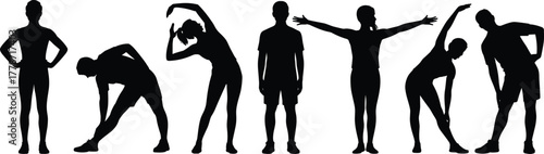 Stretching, silhouette, exercise, fitness, flexibility, posture, movement, warmup, health, sport, activity, training, body, lifestyle, design, illustration, art, concept, reference, anatomy, study