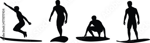 Surfing, silhouette, surfers, sport, ocean, wave, water, activity, lifestyle, adventure, athlete, board, motion, posture, design, illustration, art, concept, recreation, sea, reference
