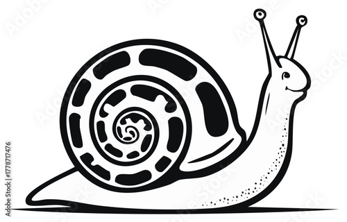 Illustration of a snail with spiral shell and antennae, black and white outline design, vector