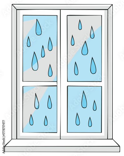 Raindrops falling on a window pane creating a wet weather scene