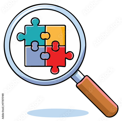 Magnifying glass over colorful jigsaw puzzle pieces discovering solutions and answers