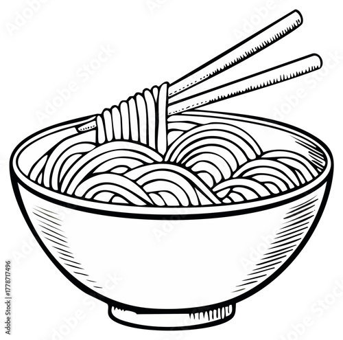 Classic Asian noodles in a bowl with chopsticks simple black and white line art illustration