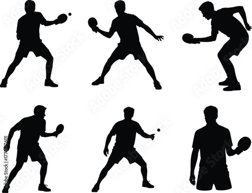 Table tennis silhouettes, ping pong players, sports action poses, competitive game illustration, athlete training, paddle serve, dynamic movement, fitness, recreation, competition, match