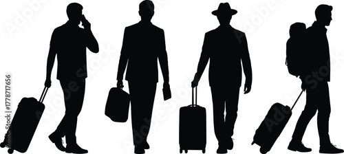 Travel, silhouette, people, luggage, suitcase, airport, journey, business, leisure, vacation, passenger, tourism, trip, walking, design, illustration, art, concept, lifestyle, reference, mobility