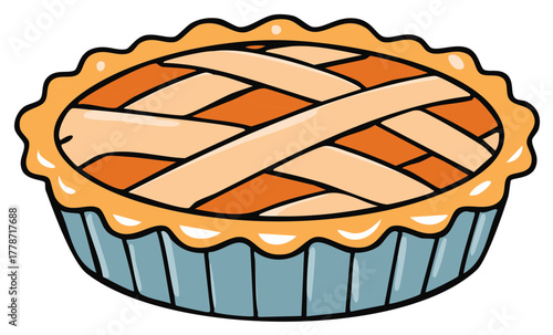 Delicious cartoon pie illustration featuring a golden lattice crust in a blue baking dish