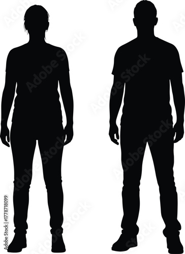 Two human silhouettes standing side by side, casual clothing figures, posture study, body shape comparison, character design, anatomy reference illustration