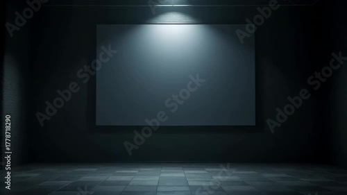 Empty Gallery Exhibition Space With Spot Light On Blank Canvas For Art Display In Dark Room With Textured Walls And Tiled Floor Dramatic