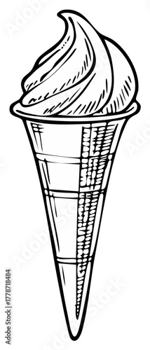 Vintage style soft serve ice cream waffle cone line art drawing sweet treat summer dessert