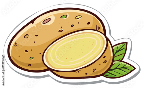 Whole and sliced potato cartoon with fresh green leaves vector graphic