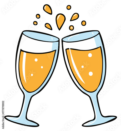 Festive cartoon champagne flutes clinking together for a happy celebration or special toast