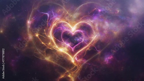 A Heart-Shaped Plasma Burst Expanding Like a Living Nebula with Glowing Filaments and Shifting Colors from Violet to Gold