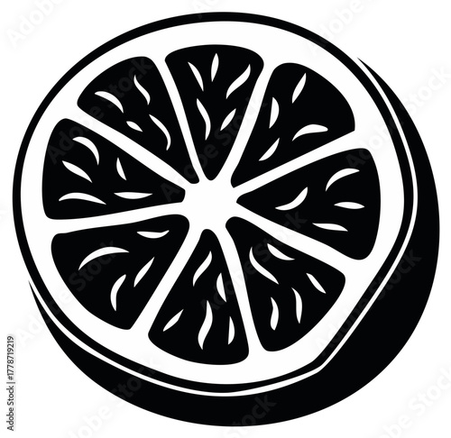 Stylized black and white citrus fruit slice icon bold graphic vector illustration