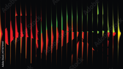 Abstract colorful background with  black stripes, bright colorful red and green gradient. Ribbed abstract color gradation texture, sphere noise effect. Corrugated background with luminous ridges.