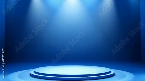 Empty Blue Stage With Spotlight Illumination And Circular Pedestal Base Ready For Presentation