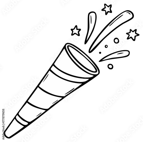 Celebration popper with stars and confetti isolated on white in simple line art style