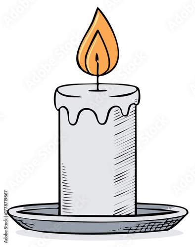 Hand Drawn Candlelight Flicker Sketch with Wax Drips and Plate in Vector Illustration