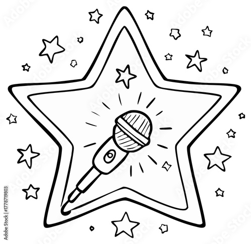 Outlined Microphone Inside Starry Frame For Coloring Or Entertainment Concepts