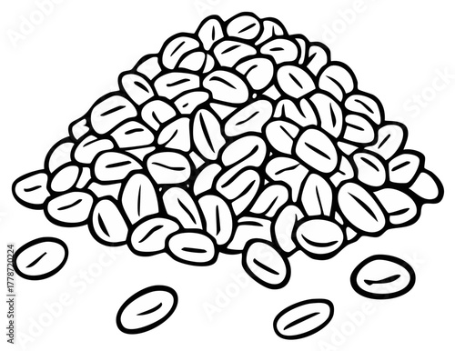 Black and white vector line art of a pile of roasted coffee beans hand drawn illustration