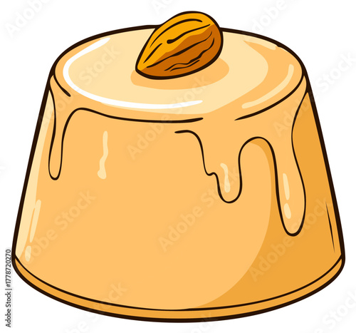 Dessert Pudding with Topping and Drizzled Syrup, Garnished with Almond nut on a White Background, delicious sweets and treats