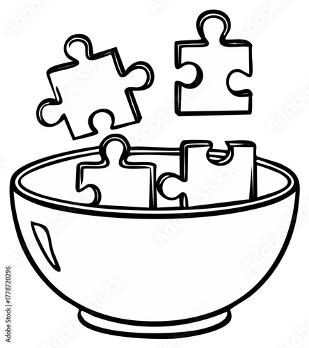 Puzzle pieces in a bowl representing a challenge or solution concept
