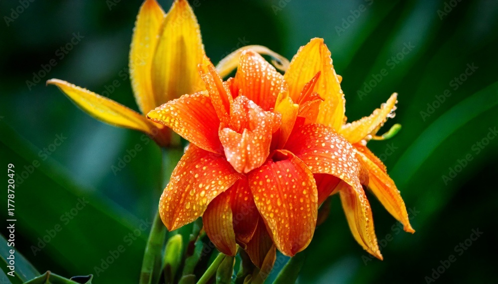 Obraz premium Tropical flowers with dew drops, macro detail, bright colors 